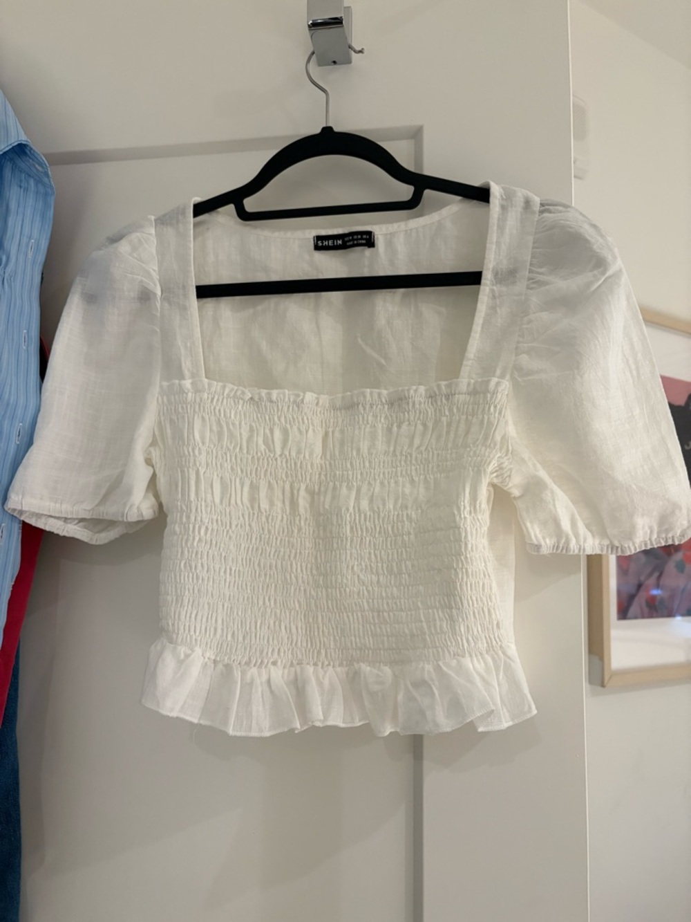 white smocked square-neck puff sleeve top
